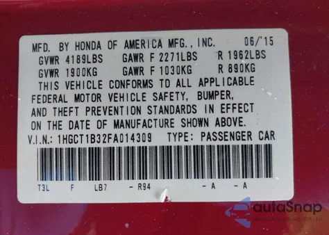 2015 Honda Accord Lx-S from USA, damaged, VIN 1HGCT1B32FA014309
